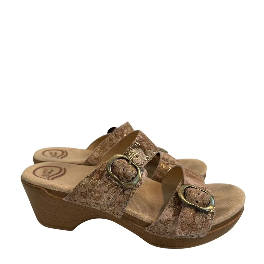 Dansko Sophie Gold Metallic Floral Leather Wedge Slide Sandals Women 39 EU 8.5-9